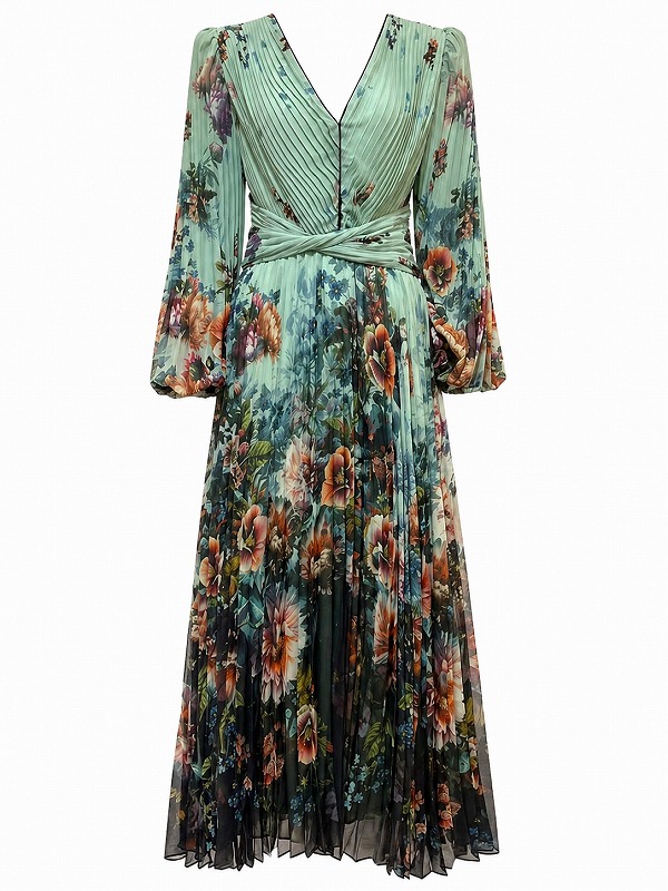 【新品DRESS 1915】グラデーションアンティークフラワープリーツフレアロングドレス グリーン【KAREN MILLEN】